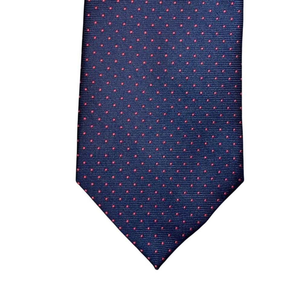 The Tie Bar Navy Blue Red Pin Dot 100% Silk Stain Resistant Necktie 3.5 Inch